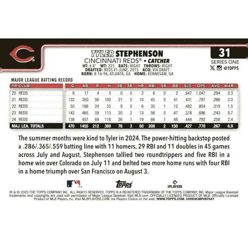 2025 Topps #31 Tyler Stephenson NM-MT Cincinnati Reds Baseball Card - Baseball Card Single
