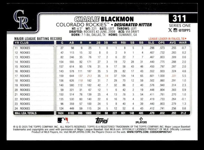 2025 Topps #311 Charlie Blackmon - Baseball Card Single