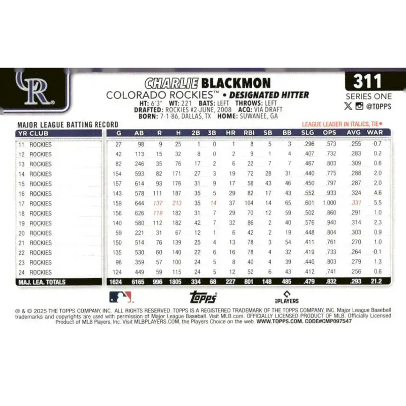 2025 Topps #311 Charlie Blackmon NM-MT Colorado Rockies Baseball Card - Baseball Card Single
