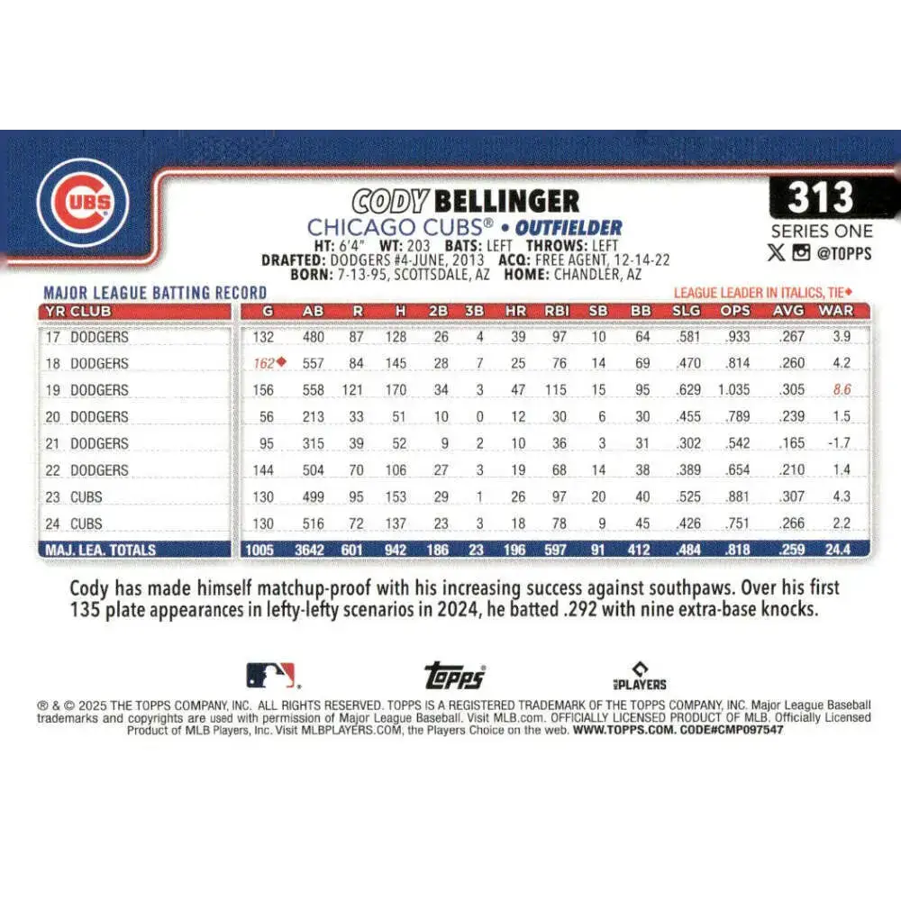 2025 Topps #313 Cody Bellinger NM-MT Chicago Cubs Baseball Card - Baseball Card Single