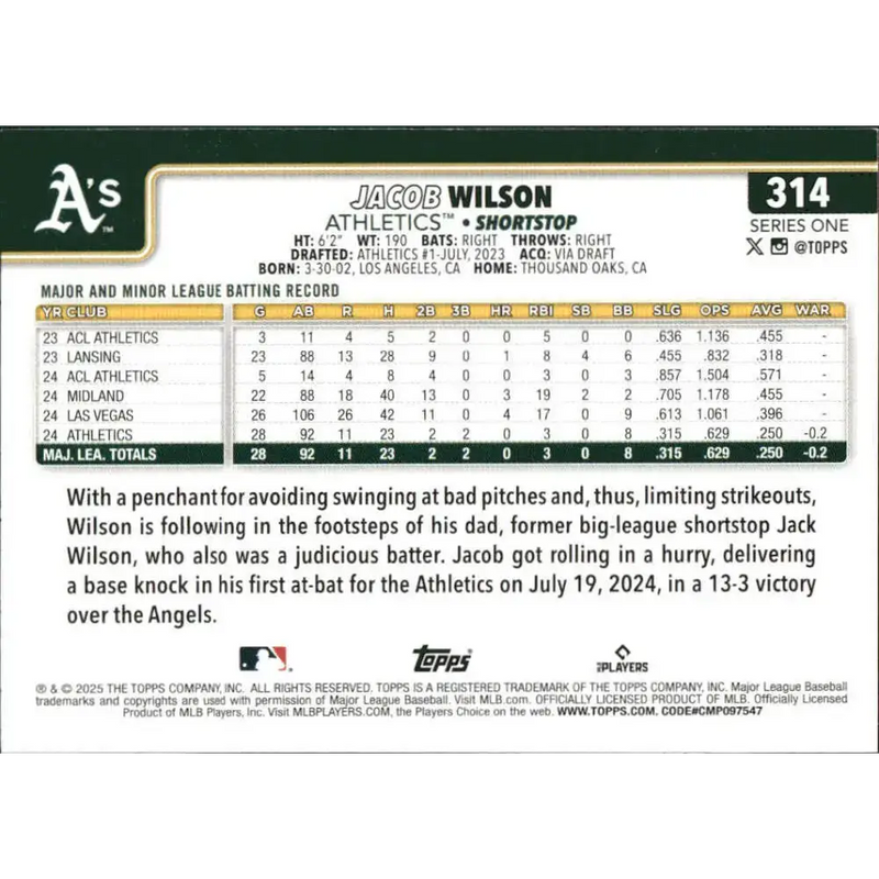 2025 Topps #314 Jacob Wilson NM-MT RC Rookie Oakland Athletics Baseball Card - Baseball Card Single