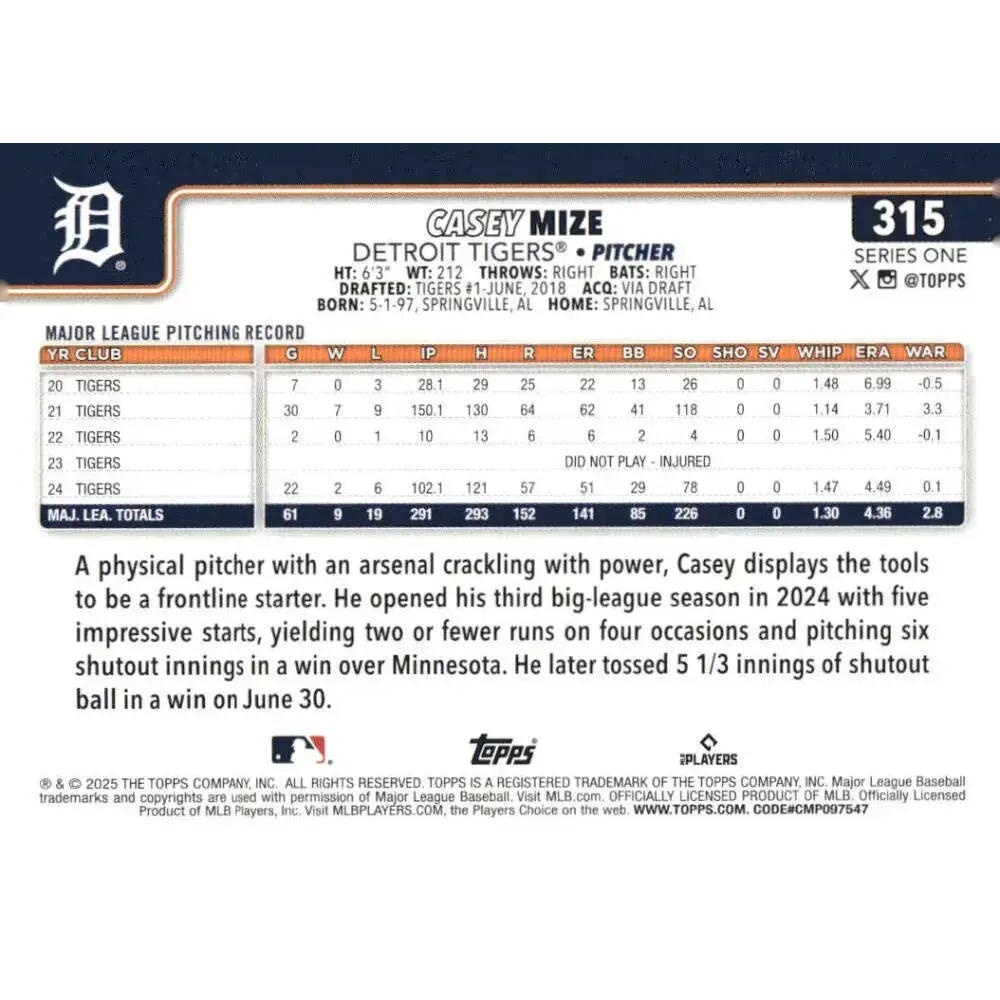 2025 Topps #315 Casey Mize NM-MT Detroit Tigers Baseball Card - Baseball Card Single
