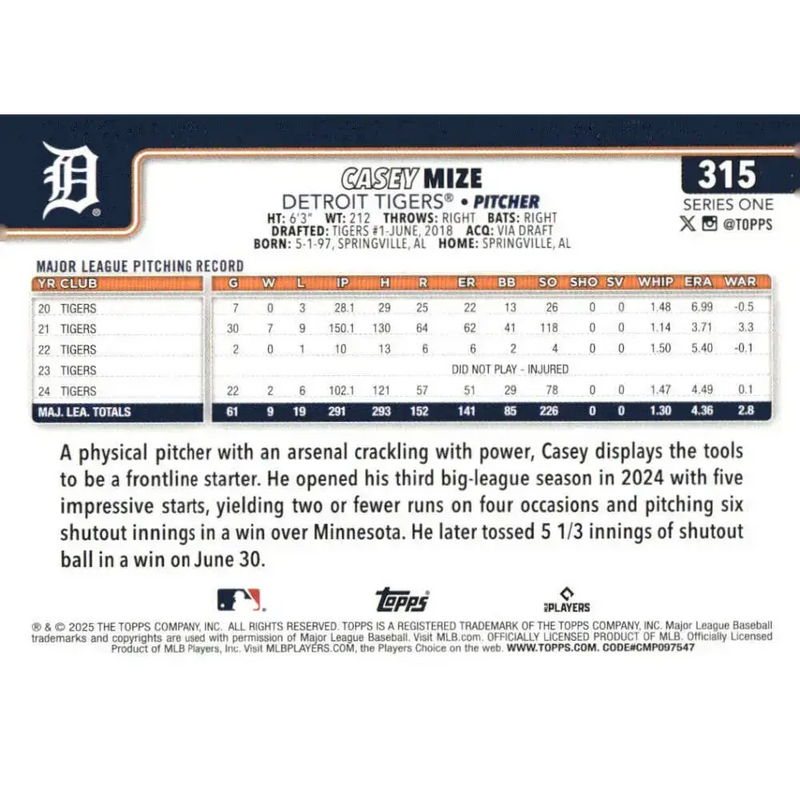 2025 Topps #315 Casey Mize NM-MT Detroit Tigers Baseball Card - Baseball Card Single