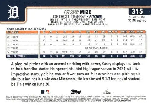 2025 Topps Casey Mize baseball card with original gloss and NM-MT condition