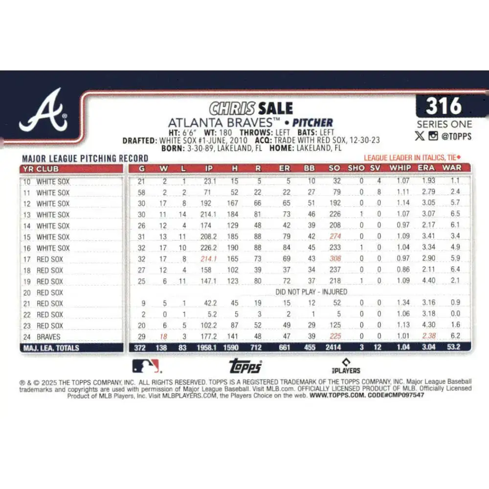 2025 Topps #316 Chris Sale NM-MT Atlanta Braves Baseball Card - Baseball Card Single