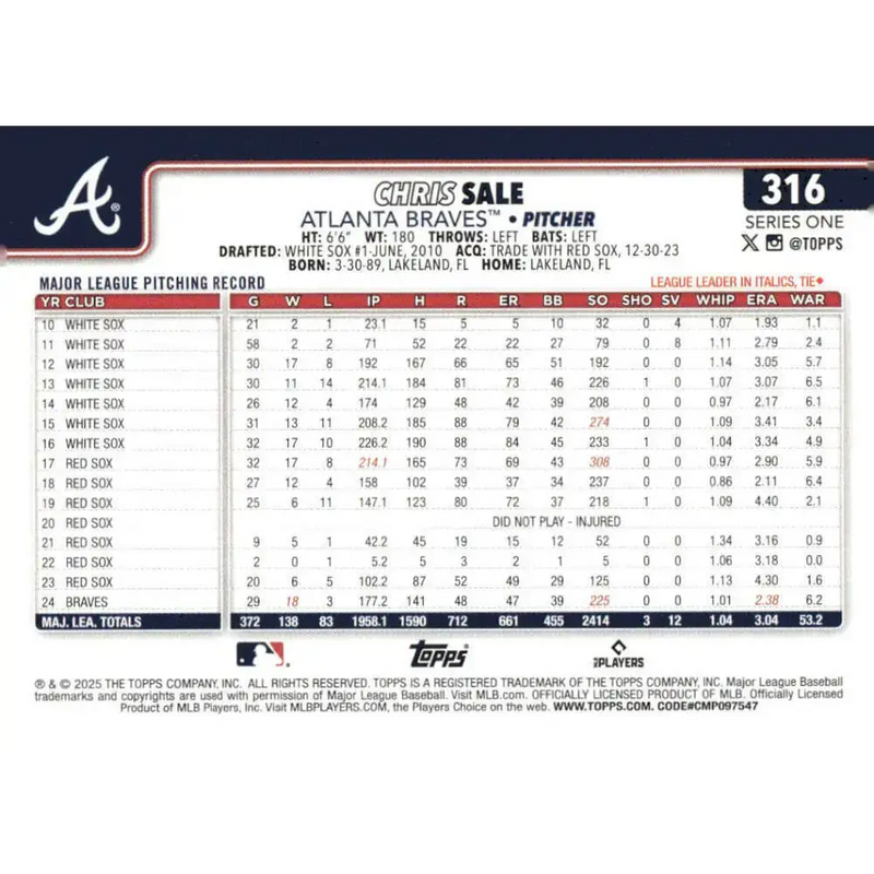 2025 Topps #316 Chris Sale NM-MT Atlanta Braves Baseball Card - Baseball Card Single