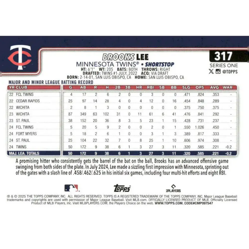 2025 Topps #317 Brooks Lee NM-MT RC Rookie Minnesota Twins Baseball Card - Baseball Card Single