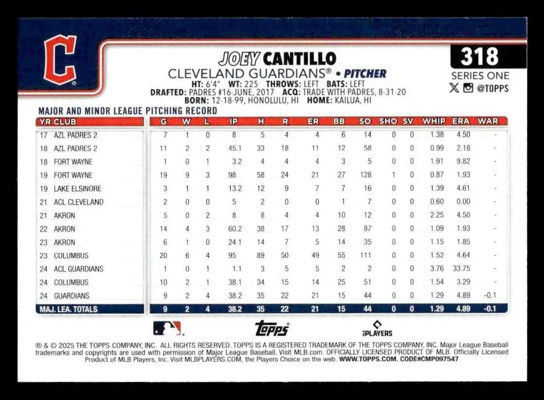 2025 Topps #318 Joey Cantillo - Baseball Card Single