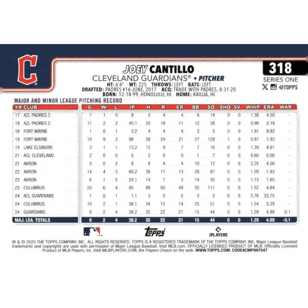 2025 Topps #318 Joey Cantillo NM-MT RC Rookie Cleveland Guardians Baseball Card - Baseball Card Single