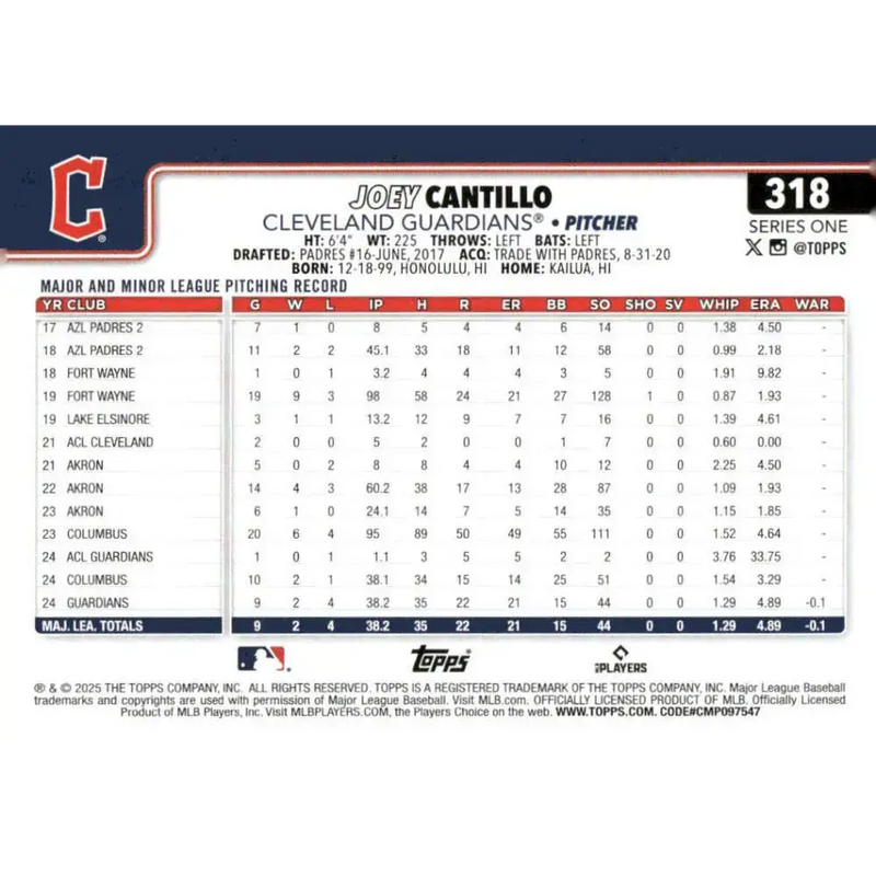 2025 Topps #318 Joey Cantillo NM-MT RC Rookie Cleveland Guardians Baseball Card - Baseball Card Single