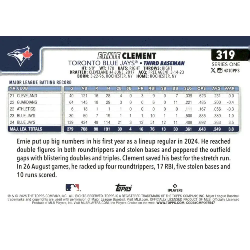 2025 Topps #319 Ernie Clement NM-MT Toronto Blue Jays Baseball Card - Baseball Card Single