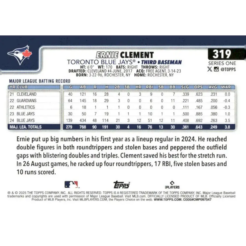 2025 Topps #319 Ernie Clement NM-MT Toronto Blue Jays Baseball Card - Baseball Card Single