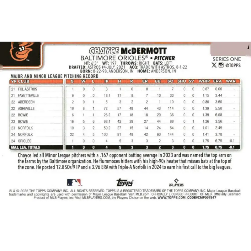 2025 Topps #32 Chayce McDermott NM-MT RC Rookie Baltimore Orioles Baseball Card - Baseball Card Single