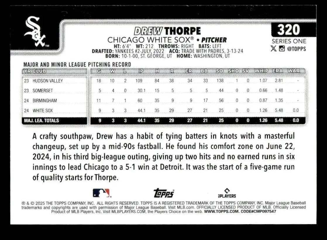 2025 Topps #320 Drew Thorpe - Baseball Card Single