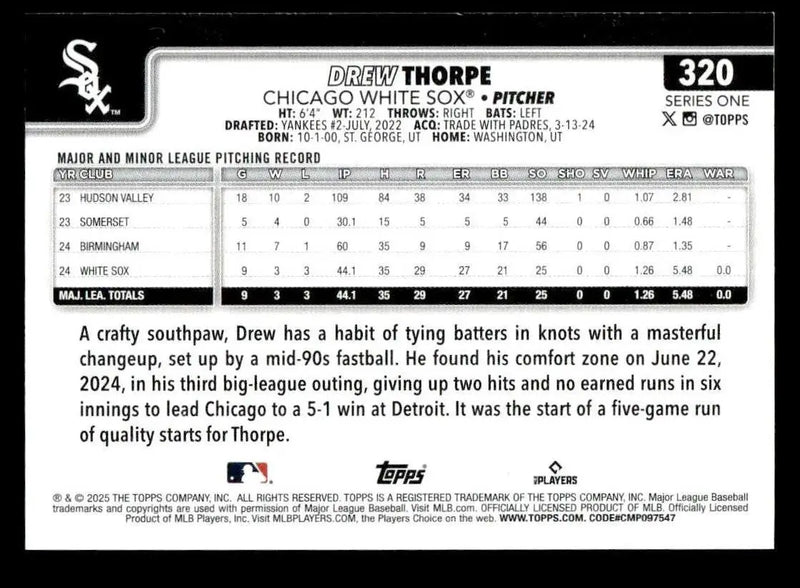 2025 Topps #320 Drew Thorpe - Baseball Card Single