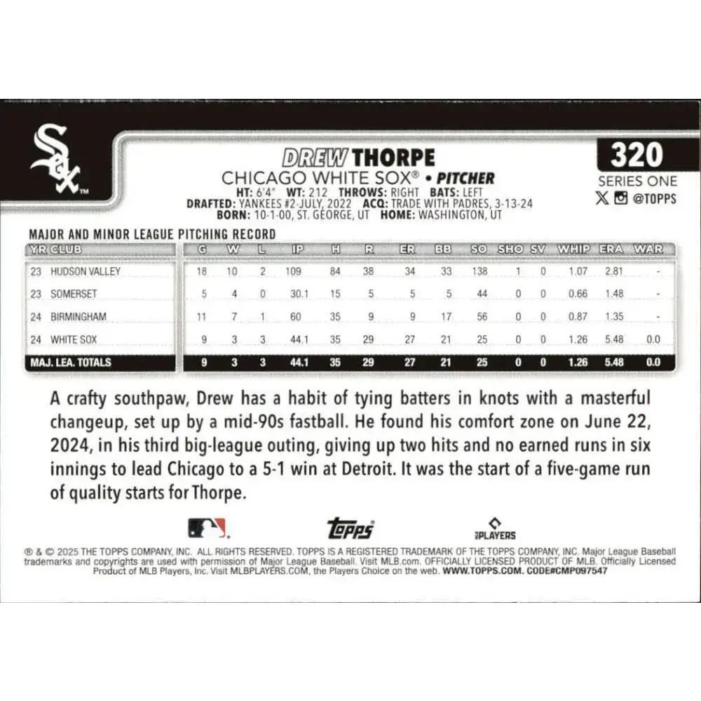 2025 Topps #320 Drew Thorpe NM-MT RC Rookie Chicago White Sox Baseball Card - Baseball Card Single
