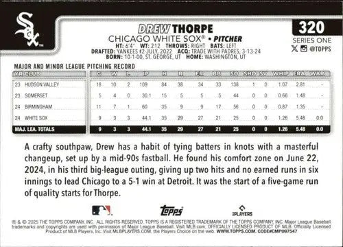 Drew Thorpe rookie White Sox baseball card back from 2025 Topps #320 NM-MT
