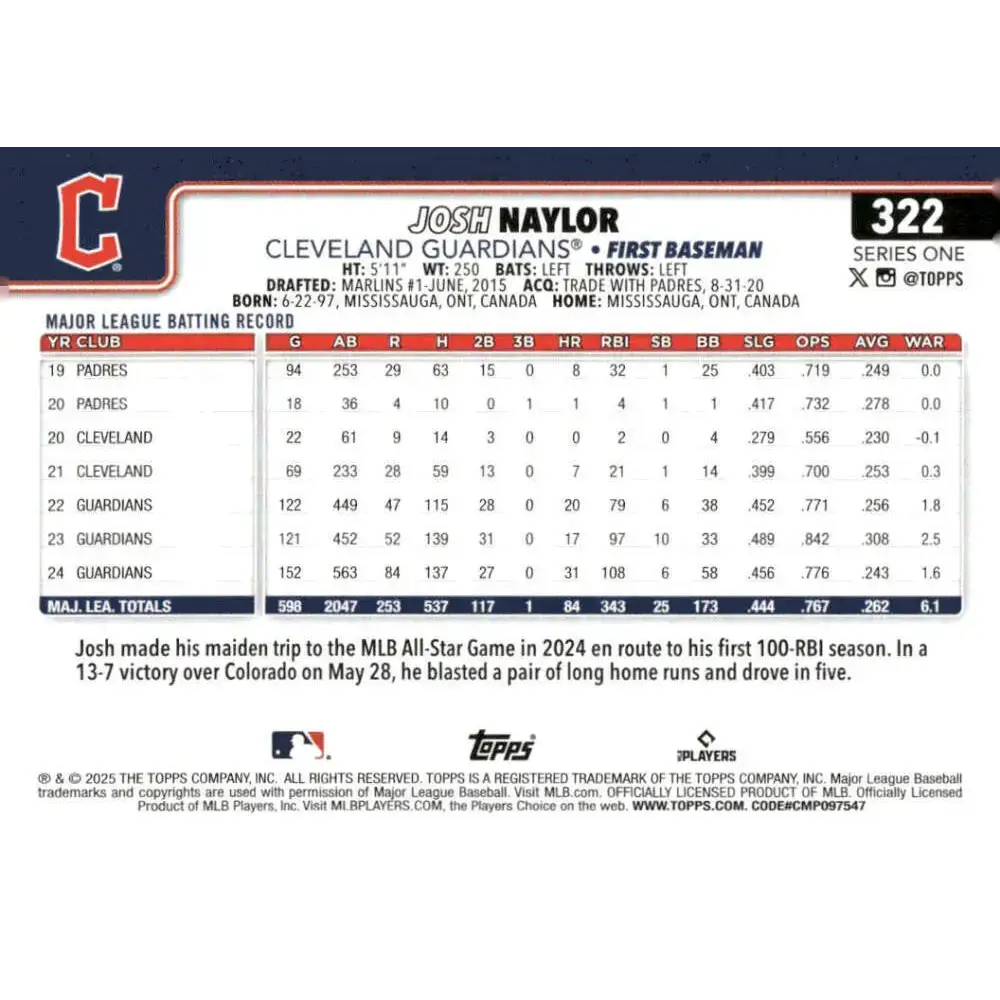 2025 Topps #322 Josh Naylor NM-MT Cleveland Guardians Baseball Card - Baseball Card Single