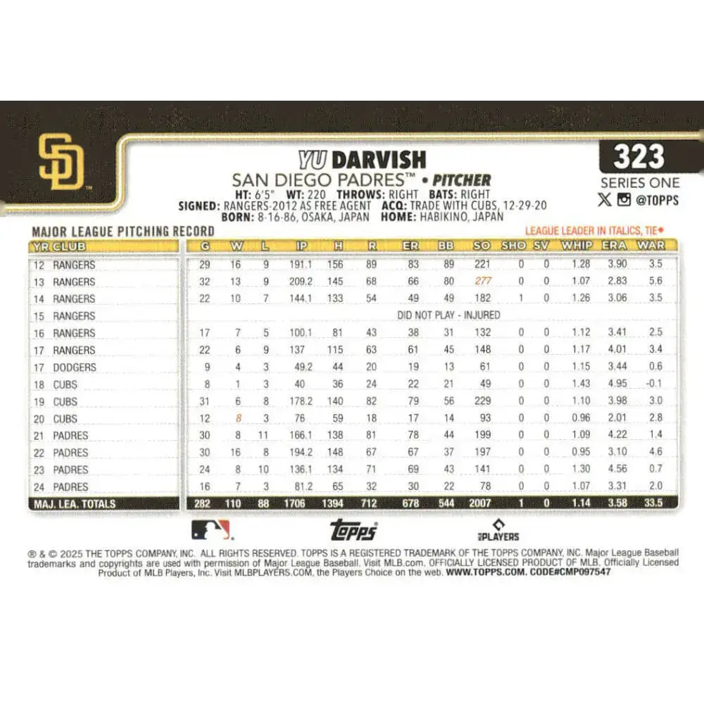 2025 Topps #323 Yu Darvish NM-MT San Diego Padres Baseball Card - Baseball Card Single