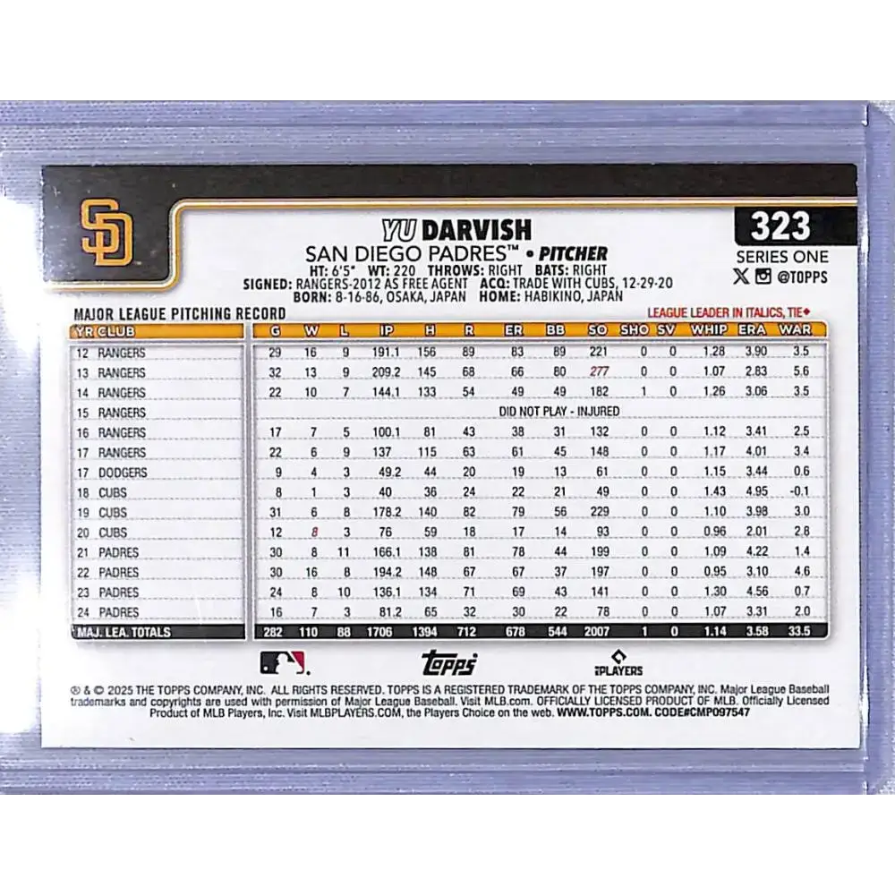2025 Topps #323 Yu Darvish NM-MT San Diego Padres - Baseball Card Single