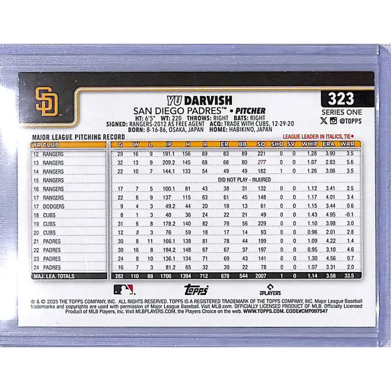 2025 Topps #323 Yu Darvish NM-MT San Diego Padres - Baseball Card Single