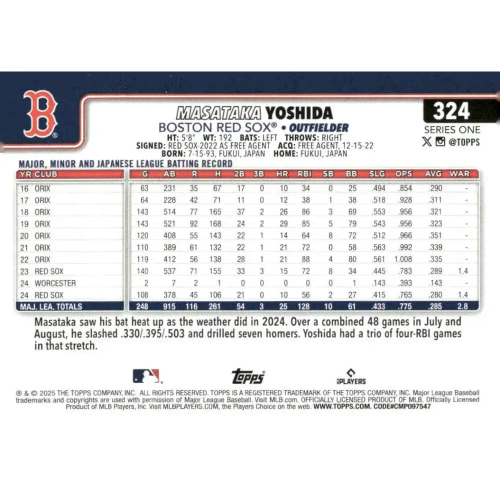 2025 Topps #324 Masataka Yoshida NM-MT Boston Red Sox Baseball Card - Baseball Card Single