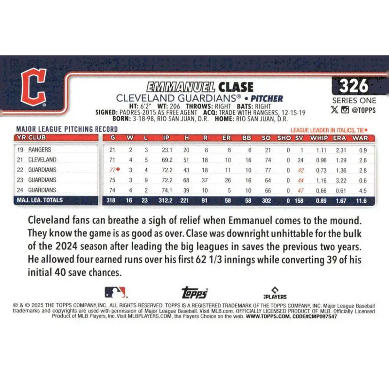 2025 Topps #326 Emmanuel Clase NM-MT Cleveland Guardians Baseball Card - Baseball Card Single