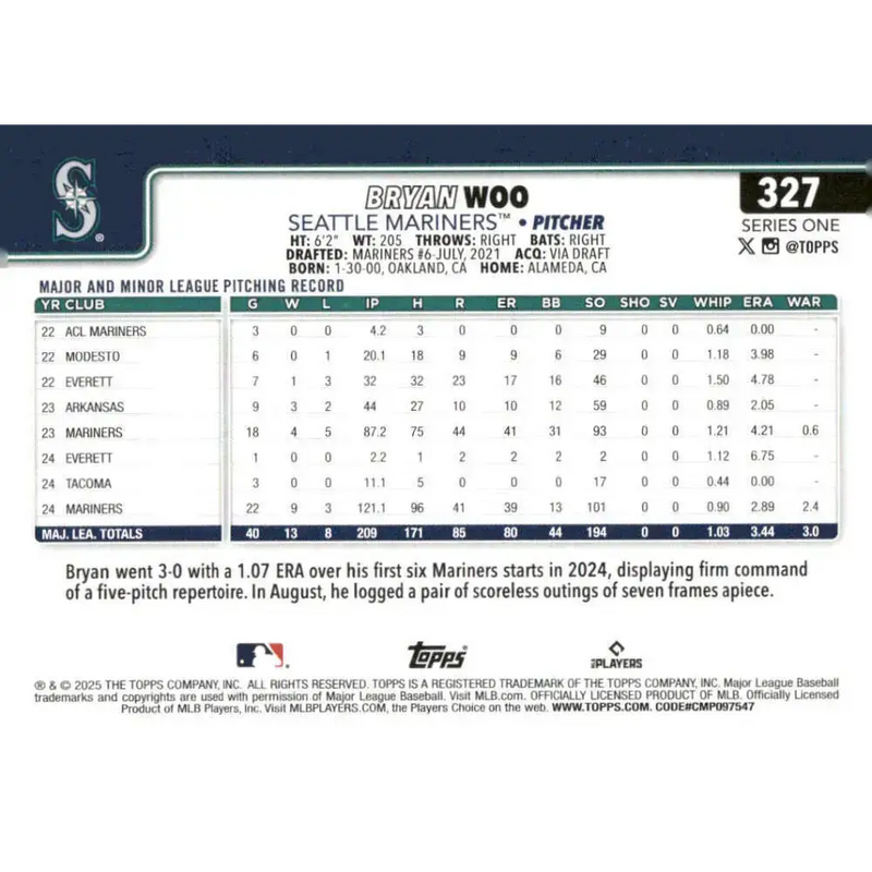2025 Topps #327 Bryan Woo NM-MT Seattle Mariners Baseball Card - Baseball Card Single