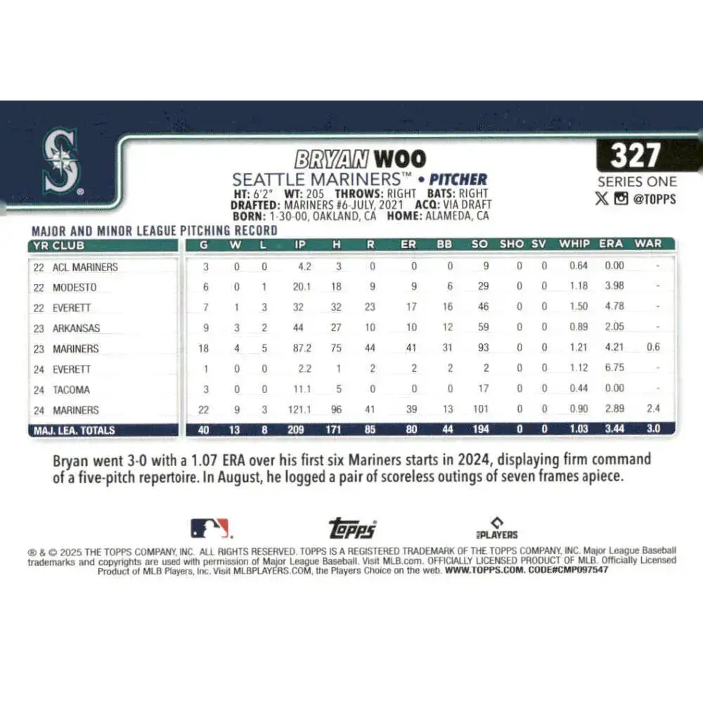 2025 Topps #327 Bryan Woo NM-MT Seattle Mariners Baseball Card - Baseball Card Single