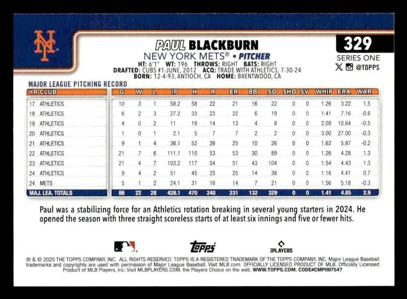 2025 Topps #329 Paul Blackburn - Baseball Card Single