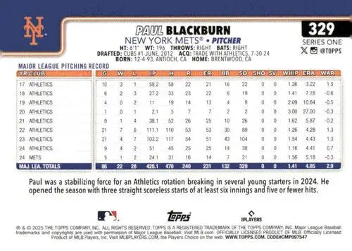 Back of 2025 Topps Paul Blackburn NM-MT baseball card with original gloss