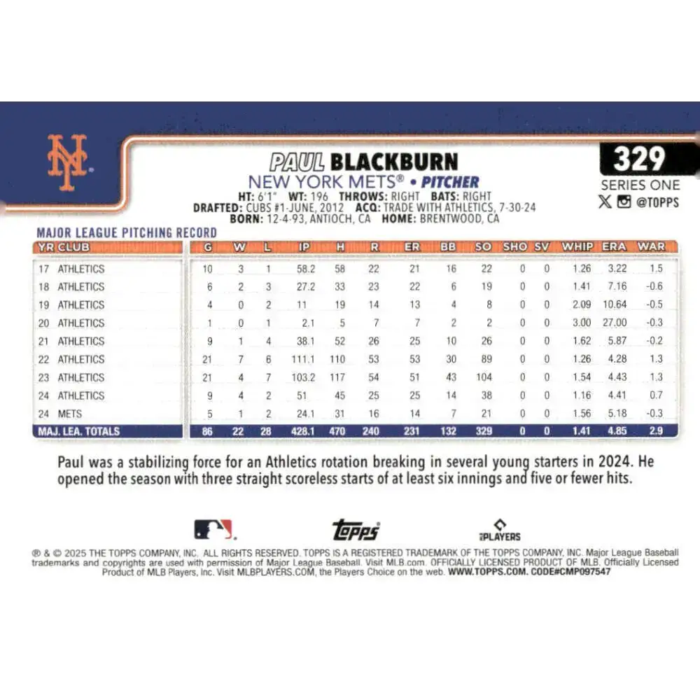 2025 Topps #329 Paul Blackburn NM-MT New York Mets Baseball Card - Baseball Card Single