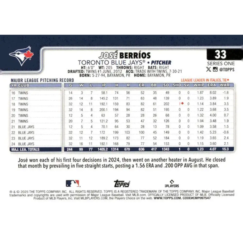 2025 Topps #33 Jose Berrios NM-MT Toronto Blue Jays Baseball Card - Baseball Card Single