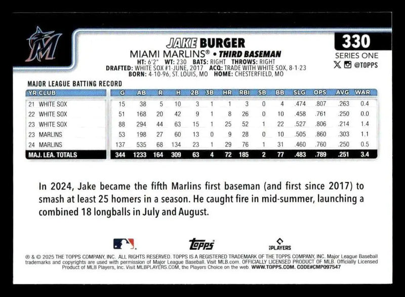 2025 Topps #330 Jake Burger - Baseball Card Single