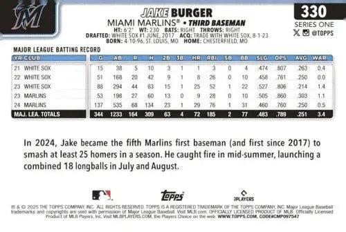 2025 Topps Jake Burger baseball card with original gloss and NM-MT condition