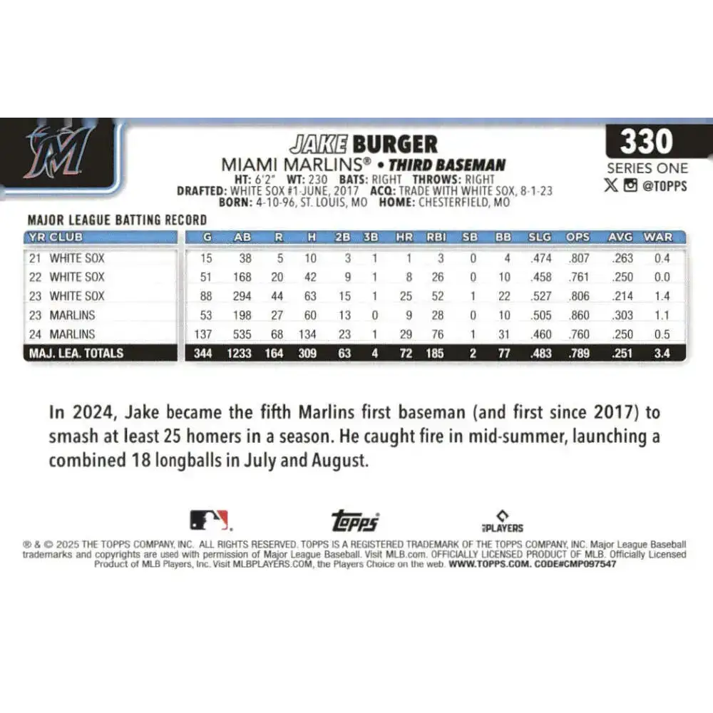 2025 Topps #330 Jake Burger NM-MT Miami Marlins Baseball Card - Baseball Card Single