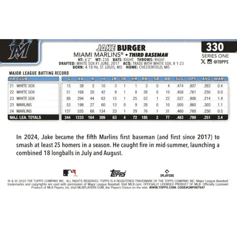2025 Topps #330 Jake Burger NM-MT Miami Marlins Baseball Card - Baseball Card Single