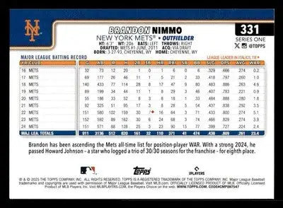 2025 Topps #331 Brandon Nimmo - Baseball Card Single