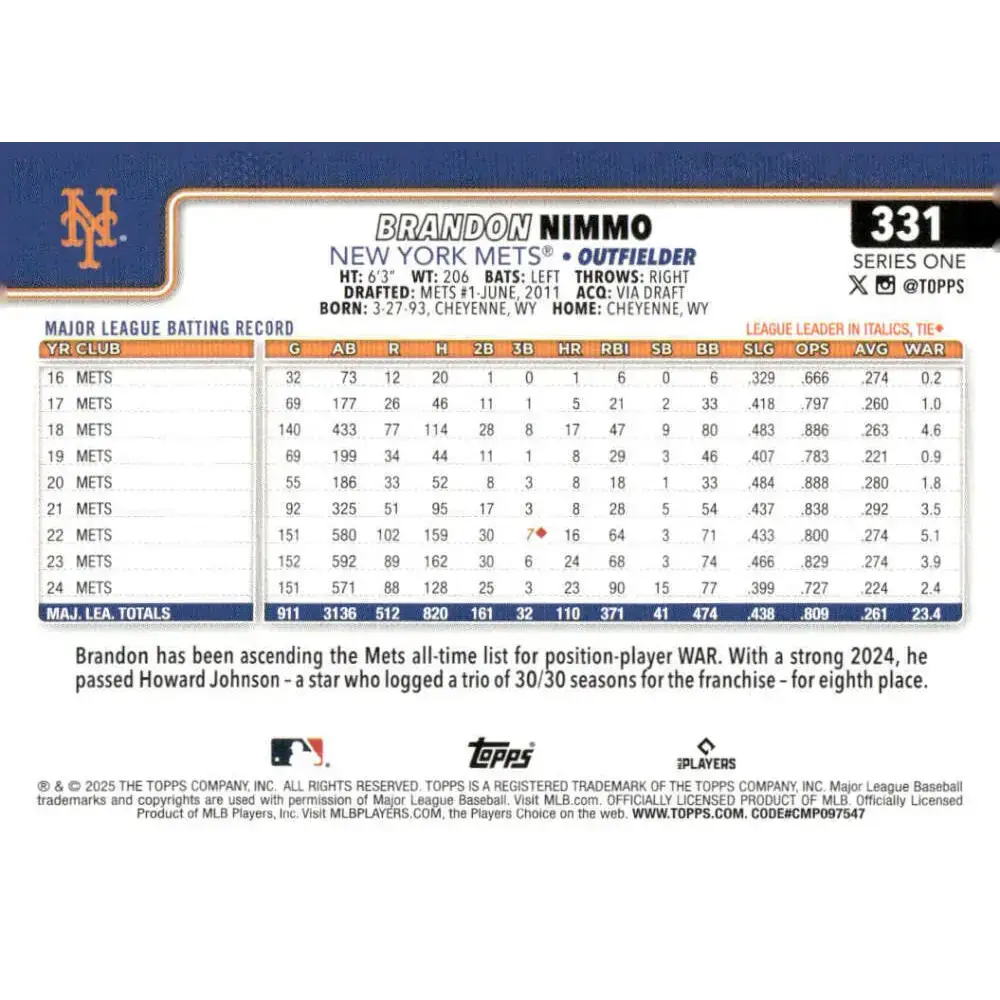 2025 Topps #331 Brandon Nimmo NM-MT New York Mets Baseball Card - Baseball Card Single