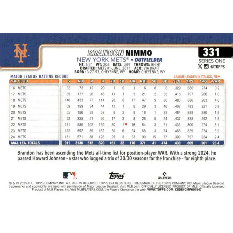 2025 Topps #331 Brandon Nimmo NM-MT New York Mets Baseball Card - Baseball Card Single