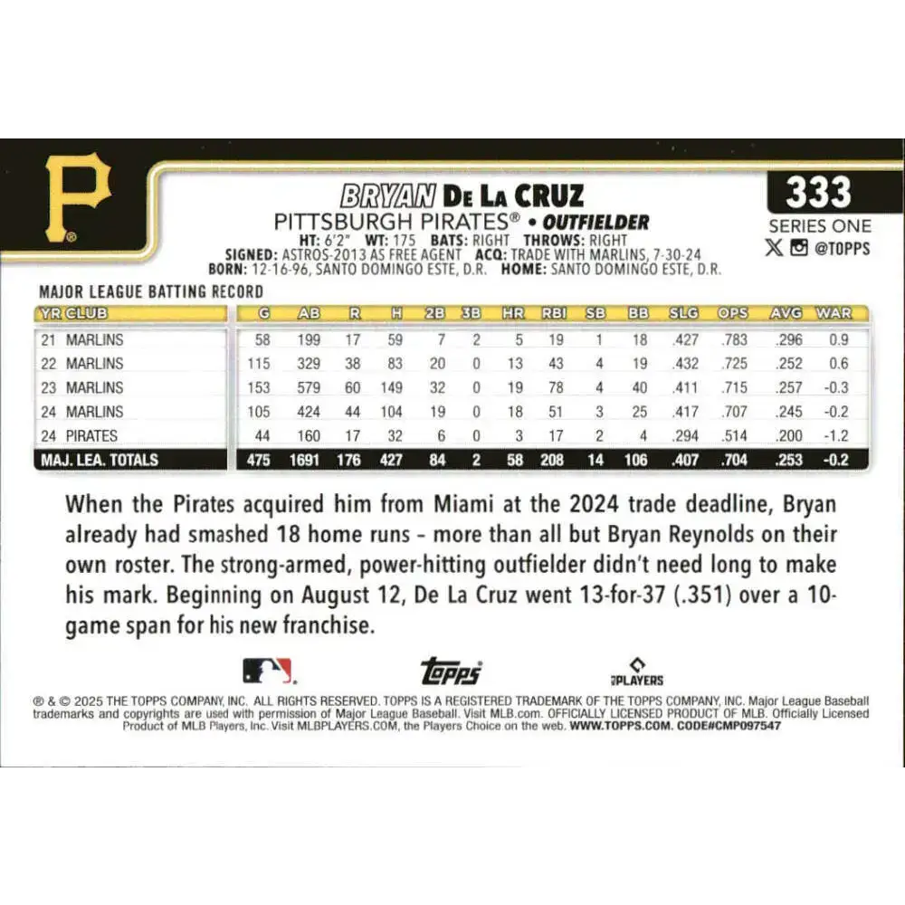 2025 Topps #333 Bryan De La Cruz NM-MT Pittsburgh Pirates Baseball Card - Baseball Card Single