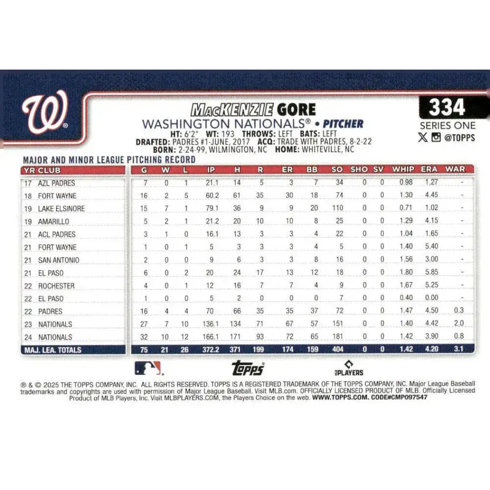 2025 Topps #334 MacKenzie Gore NM-MT Washington Nationals Baseball Card - Baseball Card Single