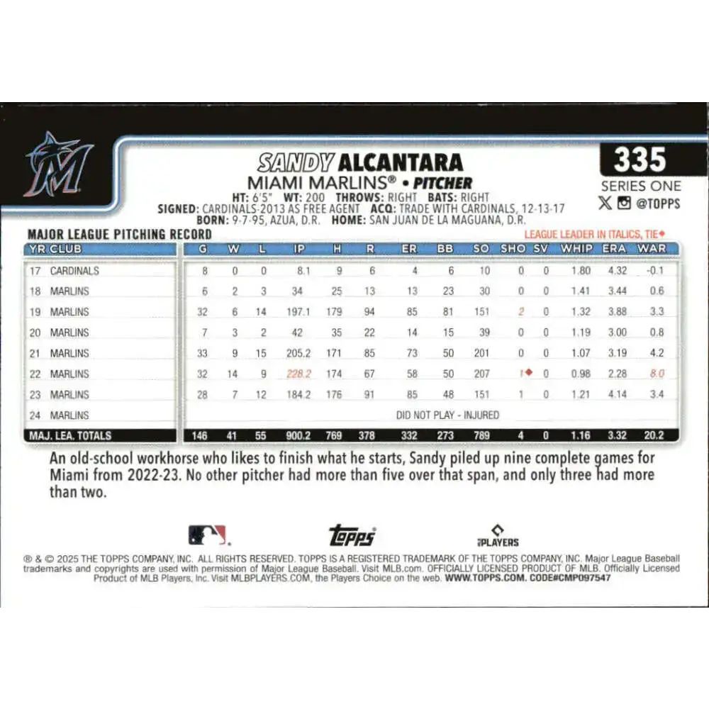 2025 Topps #335 Sandy Alcantara NM-MT Miami Marlins Baseball Card - Baseball Card Single
