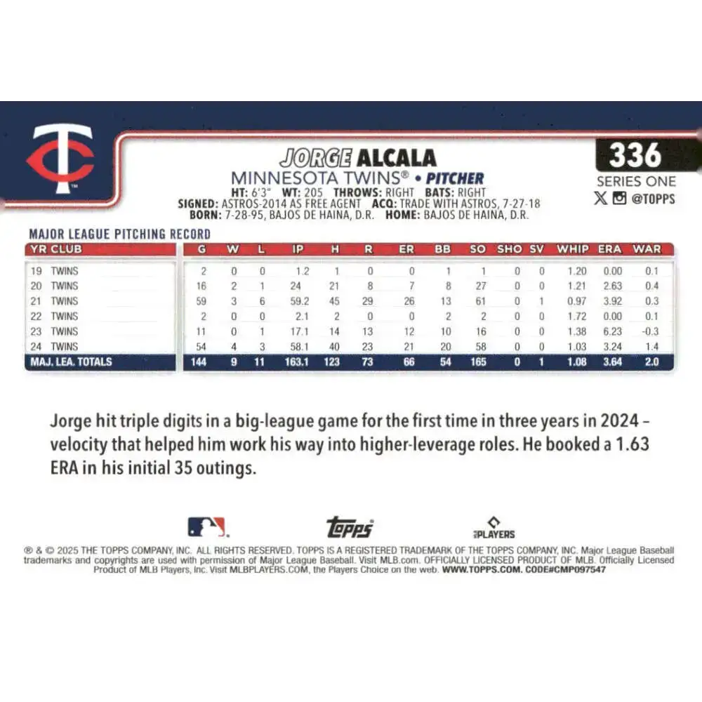 2025 Topps #336 Jorge Alcala NM-MT Minnesota Twins Baseball Card - Baseball Card Single