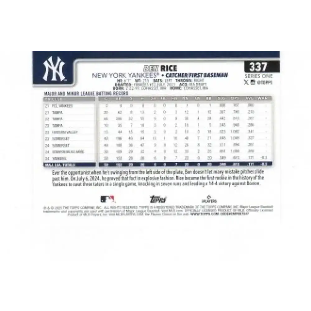 2025 Topps #337 Ben Rice NM-MT RC Rookie New York Yankees Baseball Card - Baseball Card Single