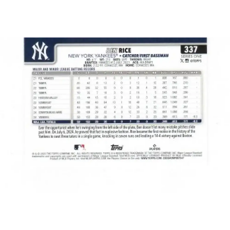 2025 Topps #337 Ben Rice NM-MT RC Rookie New York Yankees Baseball Card - Baseball Card Single