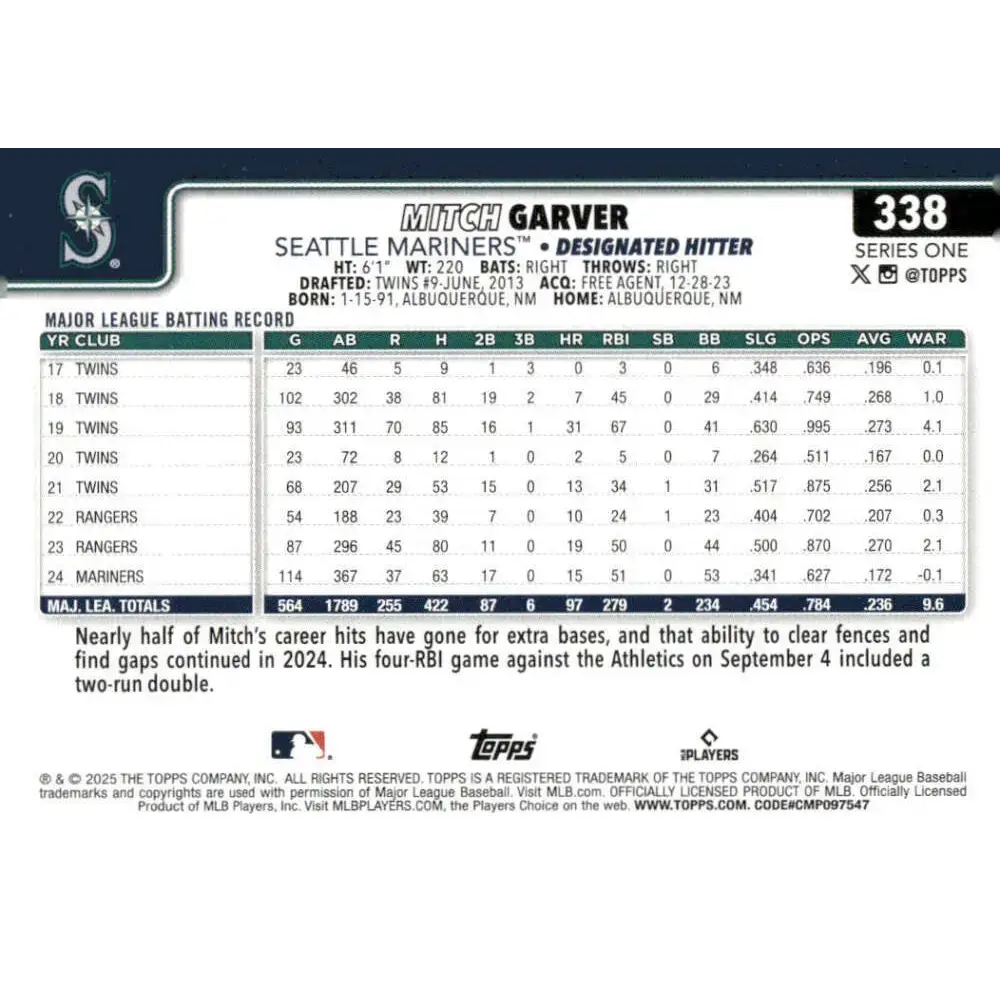 2025 Topps #338 Mitch Garver NM-MT Seattle Mariners Baseball Card - Baseball Card Single