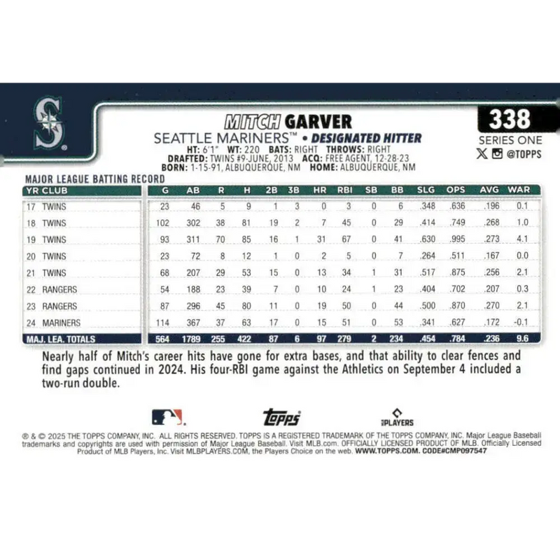 2025 Topps #338 Mitch Garver NM-MT Seattle Mariners Baseball Card - Baseball Card Single