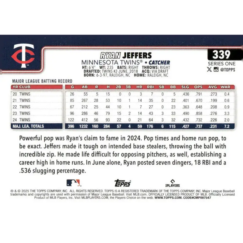 2025 Topps #339 Ryan Jeffers NM-MT Minnesota Twins Baseball Card - Baseball Card Single
