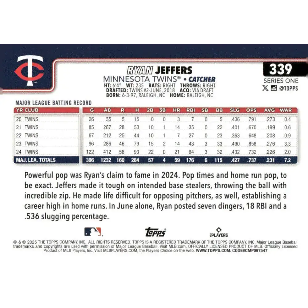 2025 Topps #339 Ryan Jeffers NM-MT Minnesota Twins Baseball Card - Baseball Card Single